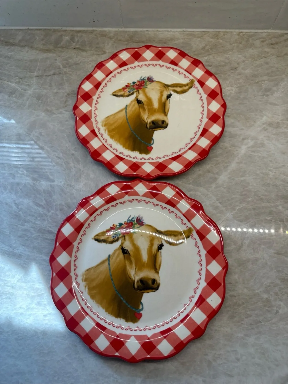 The Pioneer Woman Red Gingham with Cow Decal Round 8.75” Ceramic Salad Plate-2